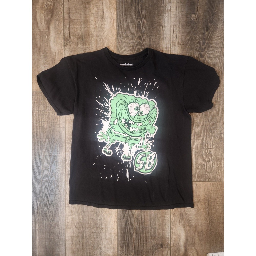 SpongeBob SquarePants Graphic Tee Shirt Black Mens L100% Cotton Faded Distressed